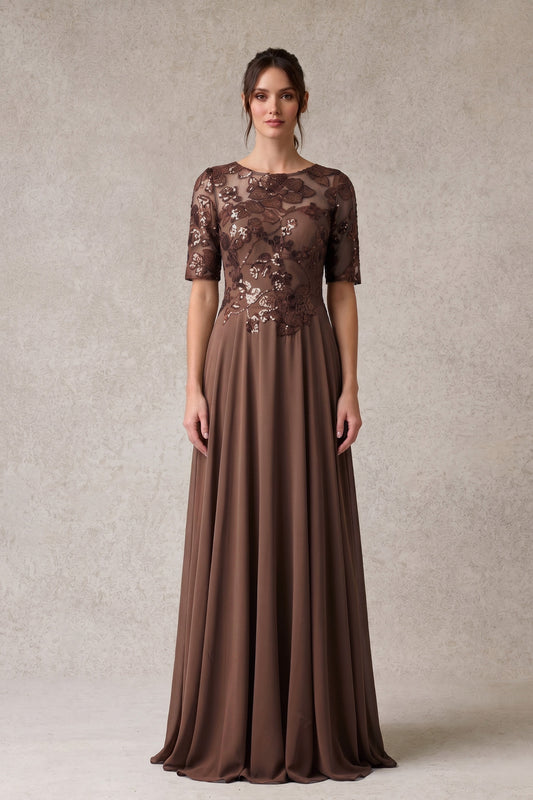 Vestido Corte en A con Corpiño Bordado, Colores Mocha y Hunter Green