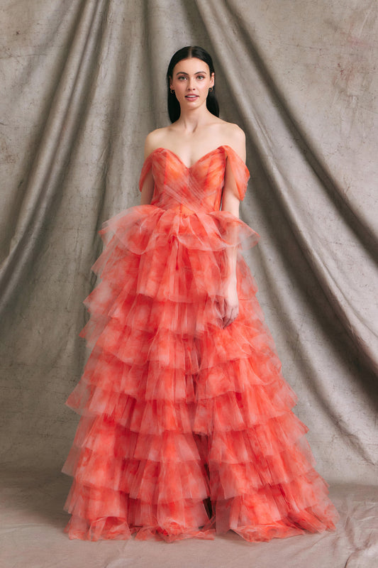 Vestido En Línea A, Escote en Corazón y Hombros Fuera Orange.