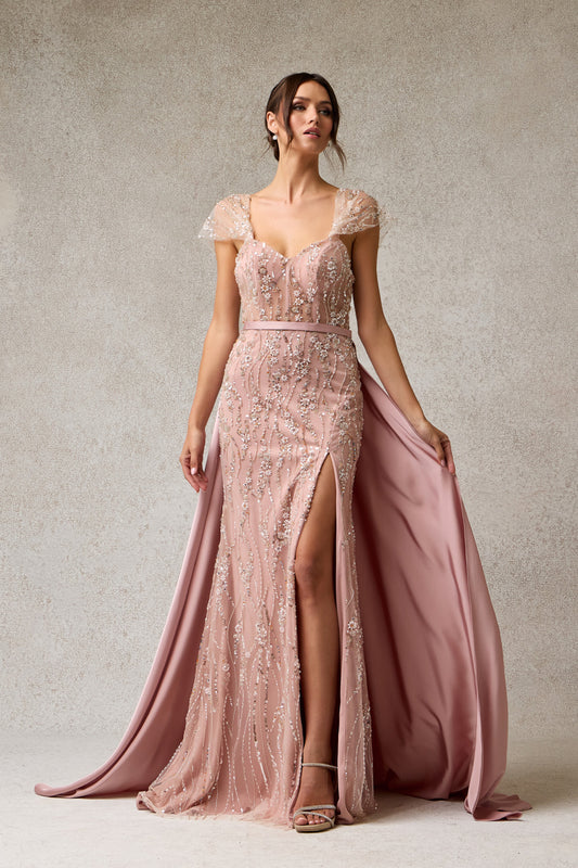 Vestido de Tul con Cristales, Perlas y Lentejuelas con Cauda Desmontable, Color Blush