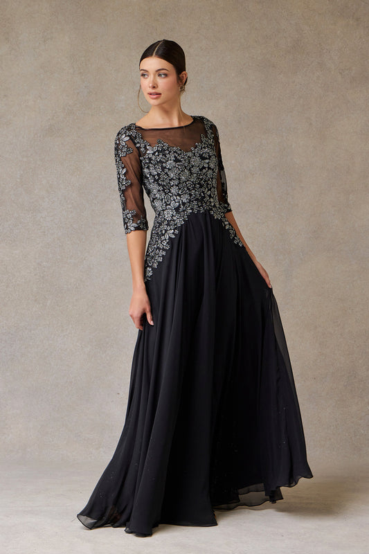 Vestido en Linea A Mangas 3/4 Bordado en la Parte Superior Colo Black Silver