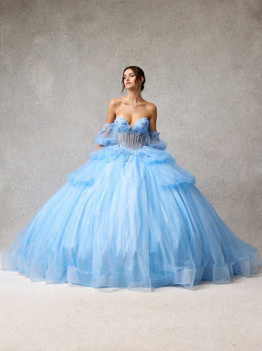 Vestido de Fiesta con Escote de Corazón de Tul Bordado con Cristales y Lentejuelas, Color Ice Blue