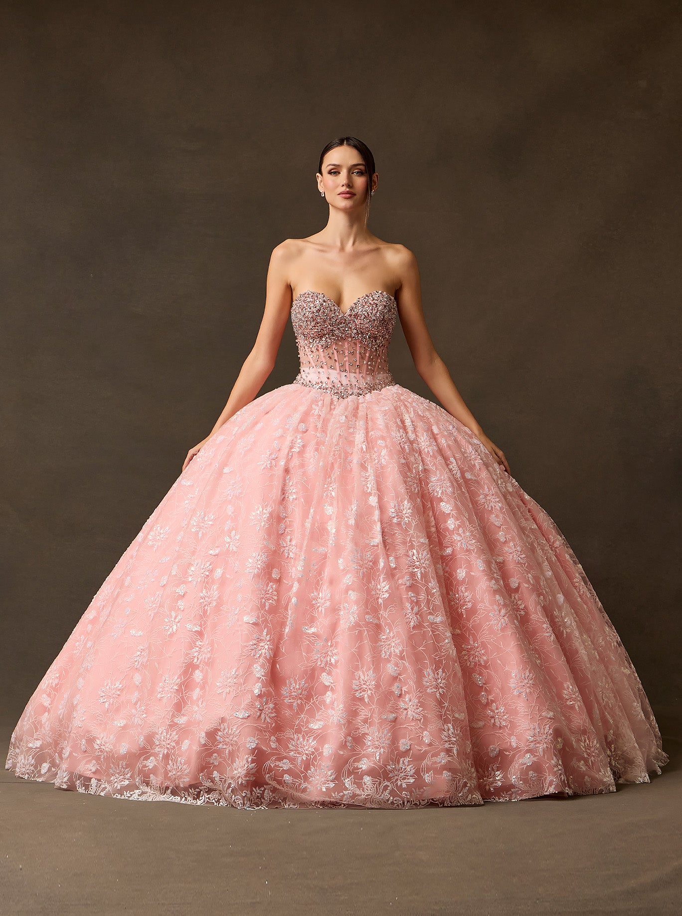 Vestido de Fiesta de Tul con Brillo Bordado con Lentejuelas y Cristales, Color Pink