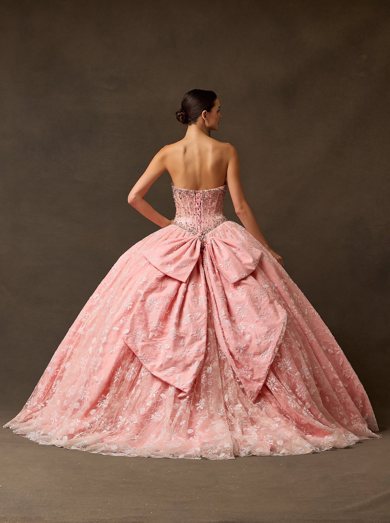 Vestido de Fiesta de Tul con Brillo Bordado con Lentejuelas y Cristales, Color Pink