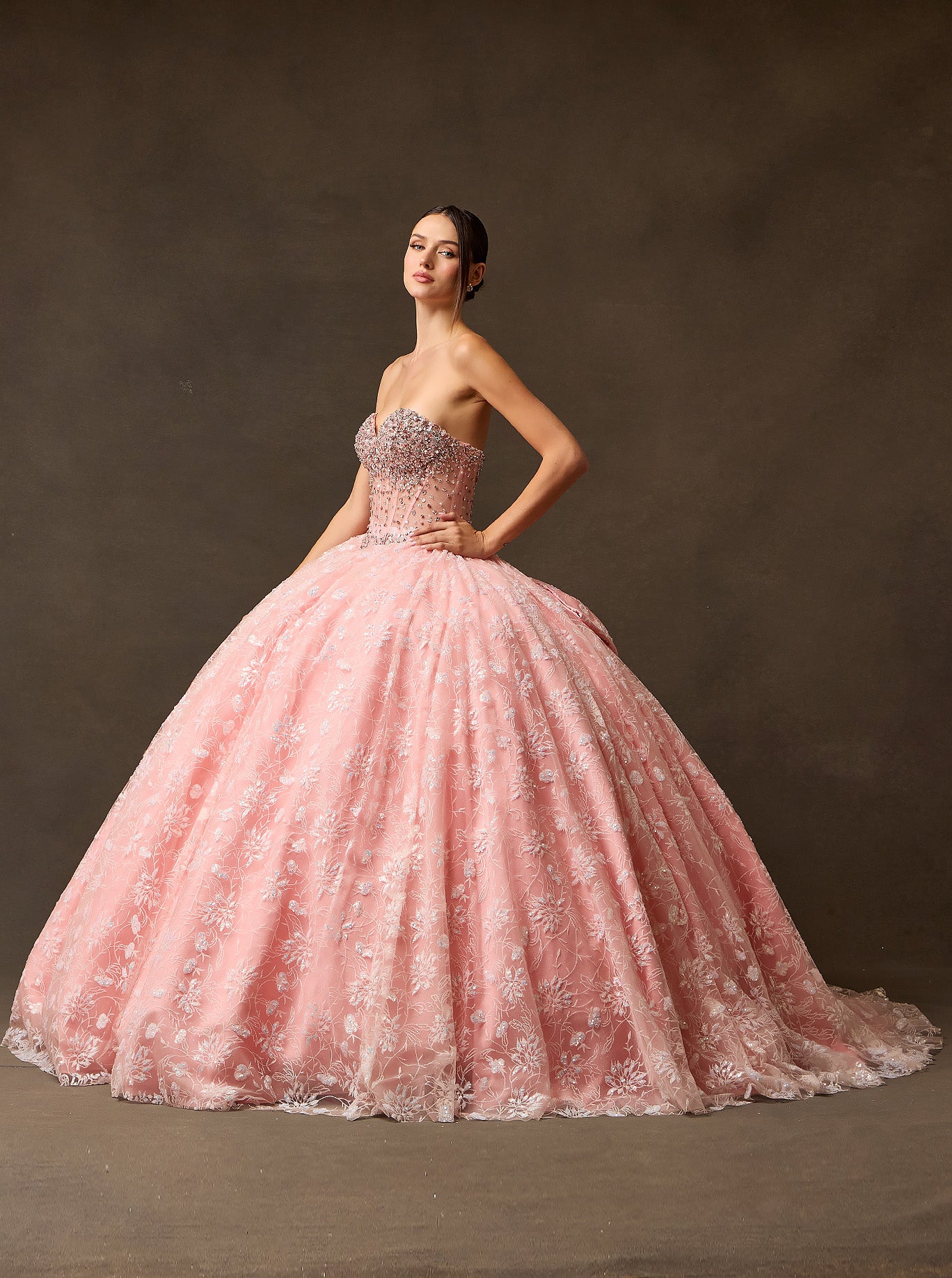 Vestido de Fiesta de Tul con Brillo Bordado con Lentejuelas y Cristales, Color Pink