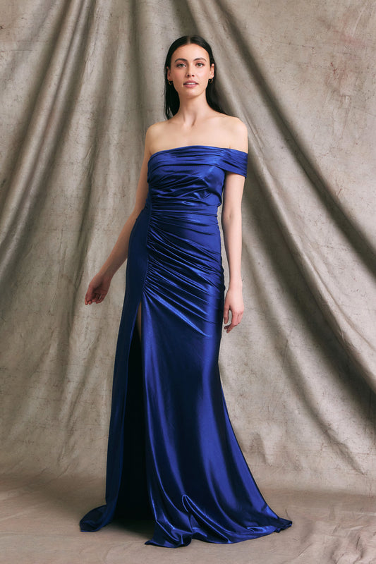 Vestido de Corte Recto, Elástico a un Hombro con Abertura en la Pierna, Colores Navy y y Burgundy