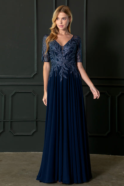 Vestido en Línea A  Manga Corta, Cuello V (Dos Colores)