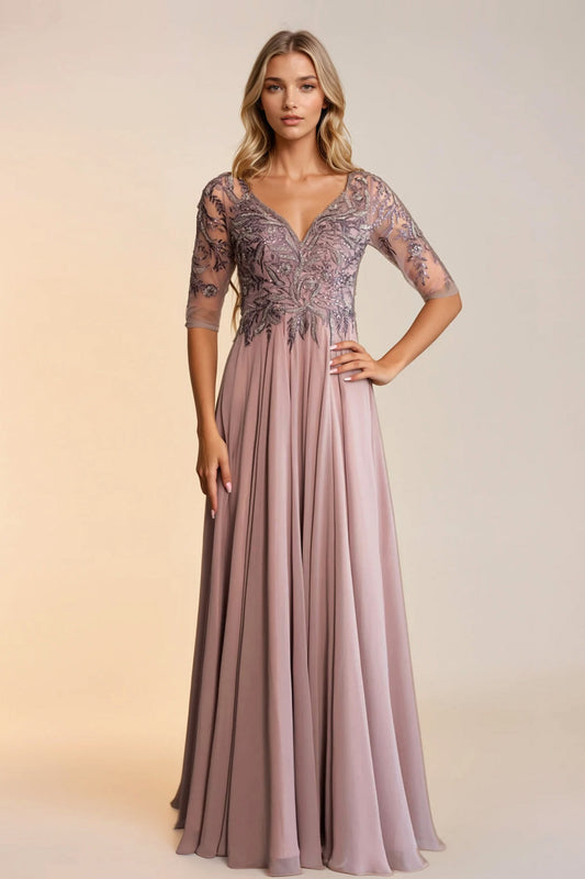 Vestido de Chiffon, Corte en A, Escote en V, con Corpiño Bordado (Varios Colores)