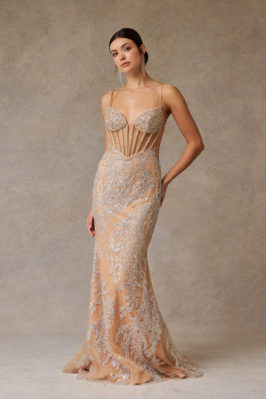 Vestido Corte Sirena de Tirantes, Escote de Corazón de Tul con Brillos Bordado con Cristales y Lentejuelas, Color Nude Silver