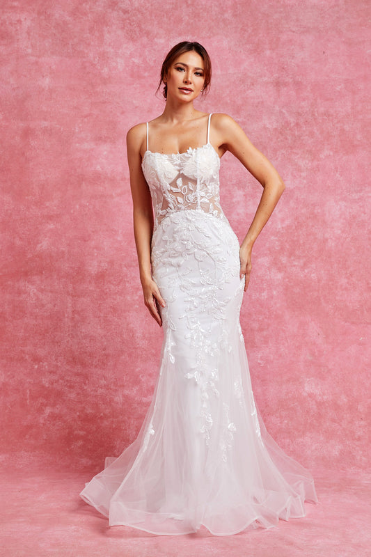 Vestido de Novia Corte Sirena sin mangas Y Epalda con Cordones Color Off White