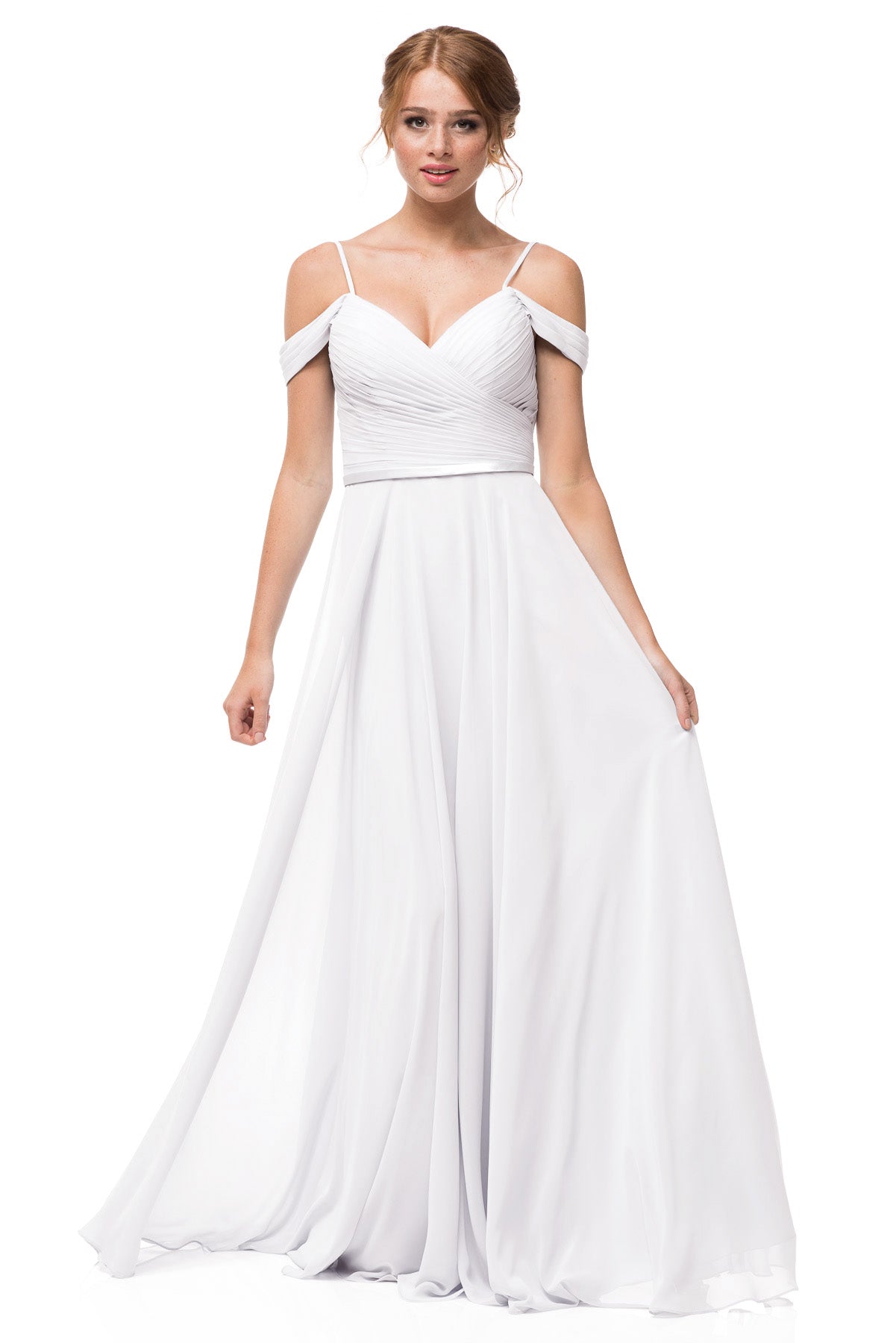 Vestido de Fiesta de Chiffon con Manga al Hombro y Tirantes, Color Off White