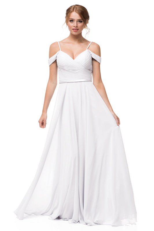 Vestido de Fiesta de Chiffon con Manga al Hombro y Tirantes, Color Off White