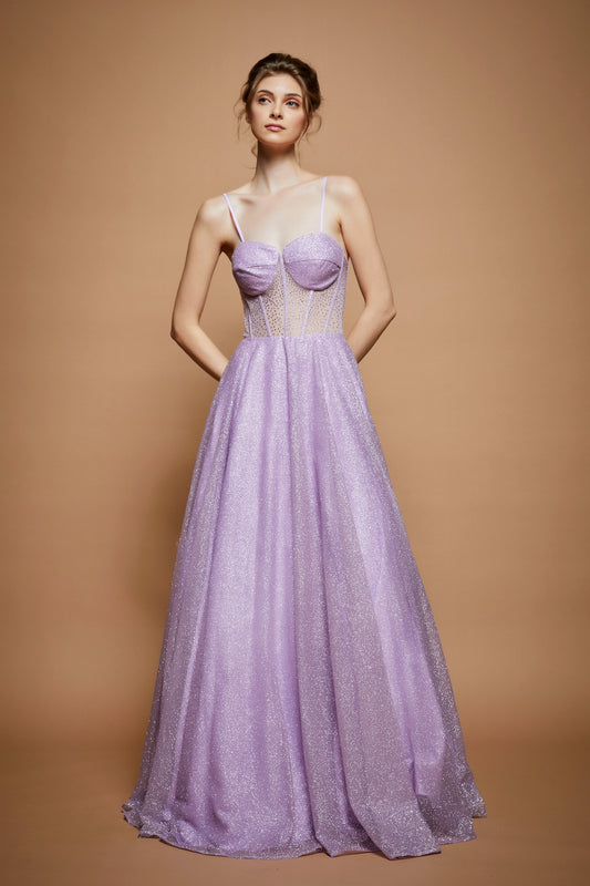 Vestido Corte en A de Tul con Brillo y Pedrería en Corsé, Color Lilac