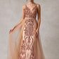 Vestido Bordado con Tirantes y Sobrefalda de Tul, Colores Burgundy y Rse Gold
