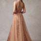Vestido Bordado con Tirantes y Sobrefalda de Tul, Colores Burgundy y Rse Gold