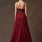 Vestido Bordado con Tirantes y Sobrefalda de Tul, Colores Burgundy y Rse Gold