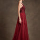 Vestido Bordado con Tirantes y Sobrefalda de Tul, Colores Burgundy y Rse Gold