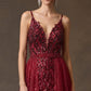 Vestido Bordado con Tirantes y Sobrefalda de Tul, Colores Burgundy y Rse Gold