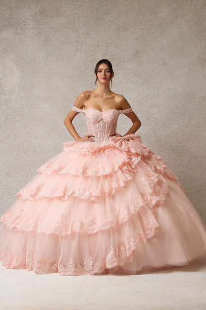 Vestido de XV Años con Hombros descubiertos y Cintas ajustables en la Espalda.. (Dos Colores)