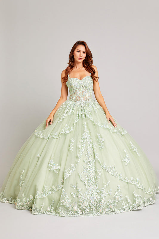 Vestido de Fiesta con Tirantes Escote de Corazón Aplicaciones en Encaje Color Sage
