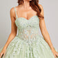 Vestido de Fiesta con Tirantes Escote de Corazón Aplicaciones en Encaje Color Sage