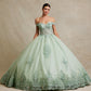 Vestido de Fiesta de Tul y Encaje Bordado, con Cristales Cuentas y Lentejuelas y Hombros Descubiertos, Color Sage