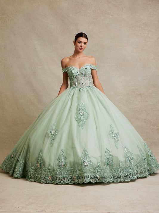 Vestido de Fiesta de Tul y Encaje Bordado, con Cristales Cuentas y Lentejuelas y Hombros Descubiertos, Color Sage