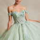 Vestido de Fiesta de Tul y Encaje Bordado, con Cristales Cuentas y Lentejuelas y Hombros Descubiertos, Color Sage