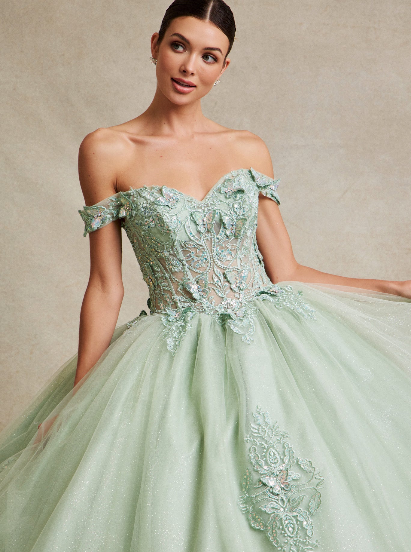 Vestido de Fiesta de Tul y Encaje Bordado, con Cristales Cuentas y Lentejuelas y Hombros Descubiertos, Color Sage