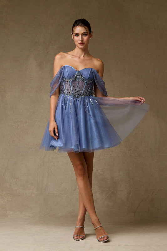 Vestido Corto en A, Con Escote Corazón, Mangas Caídas, Corpiño Bordado, Colores Sky Blue y Rose Gold