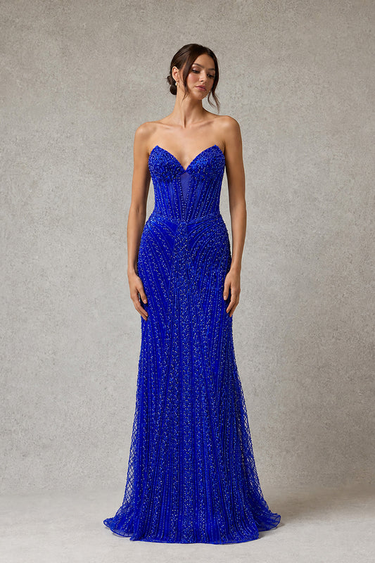 Vestido Ajustado, Sin Tirantes, Escote Corazón, Corpiño Tipo Corsé, Color Royal