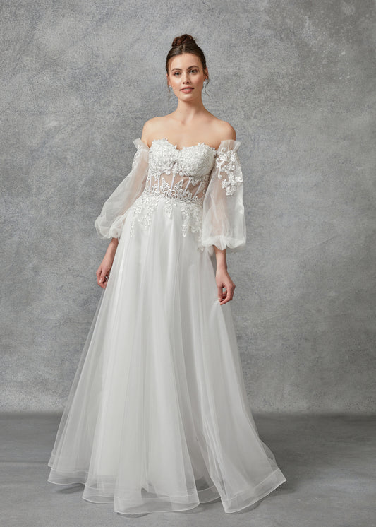 Vestido de Novia de Tul Bordado en Corte A con Mangas al Hombro Desmontables