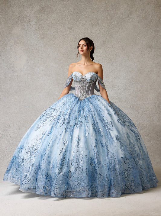 Vestido de Fiesta de Tul  Bordado con Encaje, Cristales y Lentejuelas, con Hombros Descubiertos, Color  Ice Blue