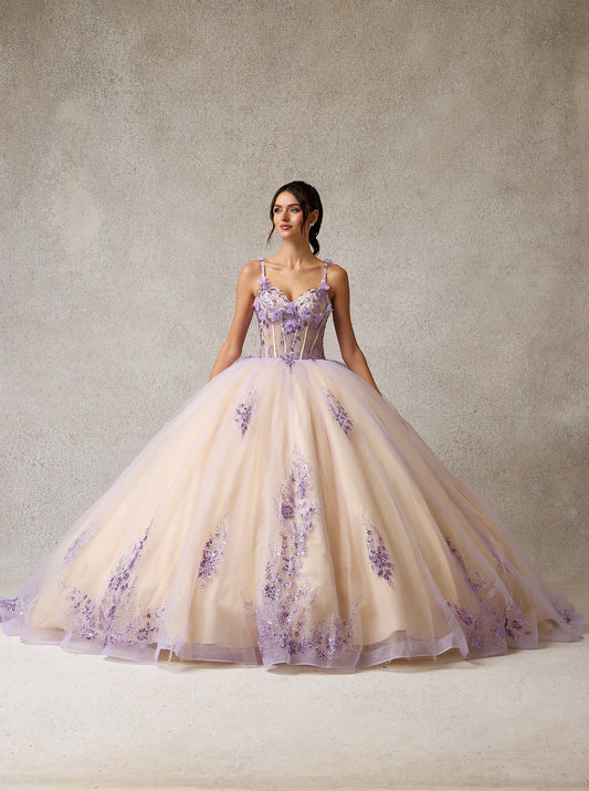 Vestido de Fiesta de Tul Bordado con Detalles Florales en 3D, con Tirantes y Escote Corazón, Color  Lilac Nude