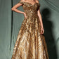 Vestido en línea A con Hombro Fuera, Escote de Corazón y Bolsillo Lateral Color Gold