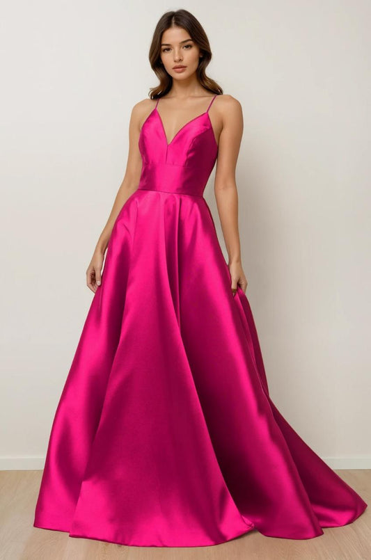 Vestido Corte en A con Tirantes y Escote en V, Color Magenta