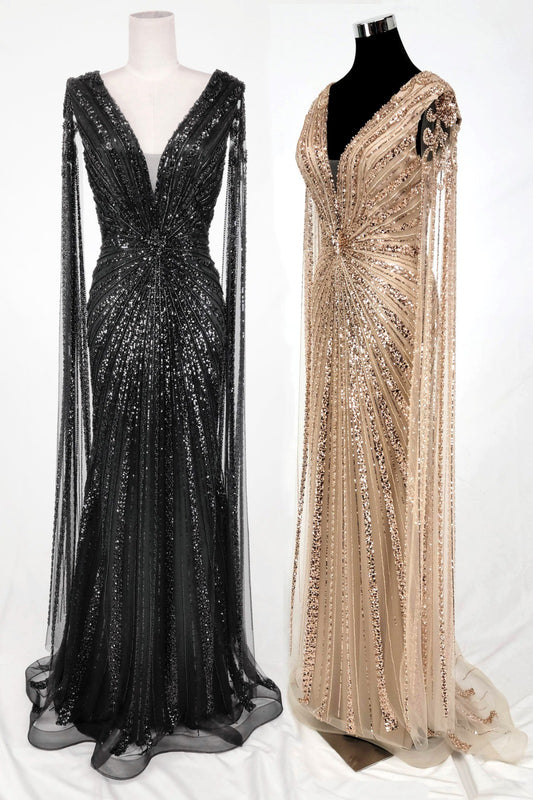 Vestido con cuello en V, Adornado con Lentejuelas y Cuentas con Mangas Tipo Capa, Color Black y Champagney