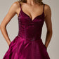 Vestido Corte en A de Organza, con Escote Corazón con Bolsillos y en la Espalda, Color Plum