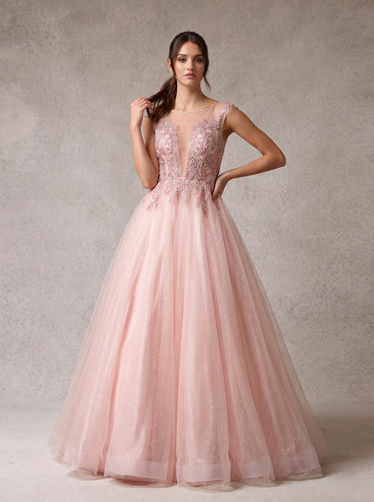 Vestido Corte en A de Tul Brillante con Bordados, Cuentas y Lentejuelas, Color Dusty Pink