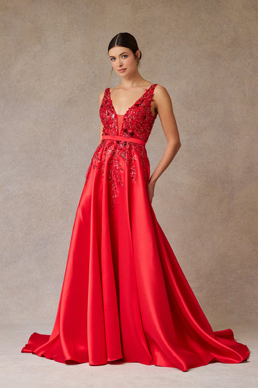 Vestido en Corte A Cuello en V con Bordados Florales, Lentejuelas y Cuenta, Color Red
