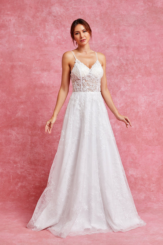 Vestido de Novia de Tul Bordado de Lentejuelas, Corte en A, Escote de Corazón y Espalda con Cordones, Color Off White