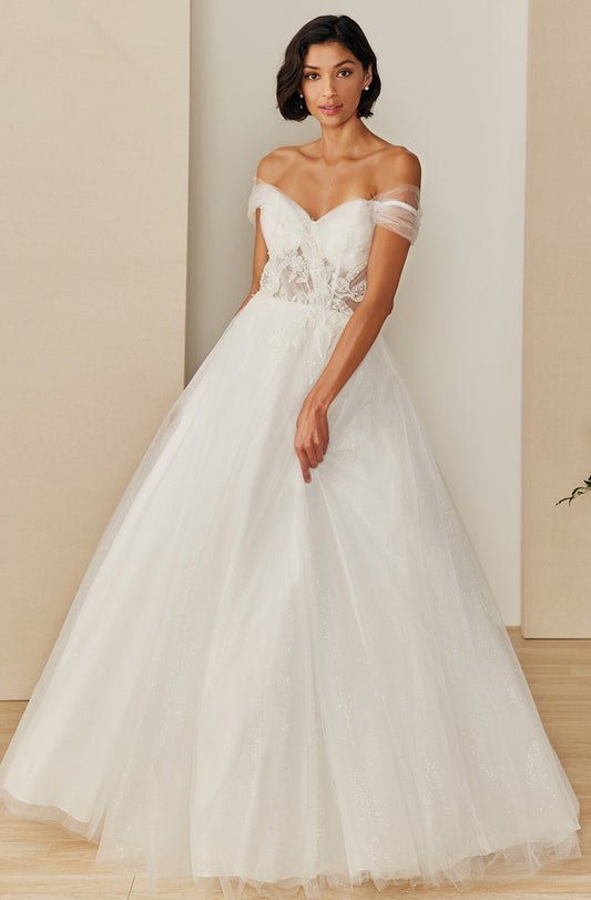Vestido de Novia Hombros Descubiertos, Escote de Corazón Bordado con Cuentas y Lentejuelas, Color Off White