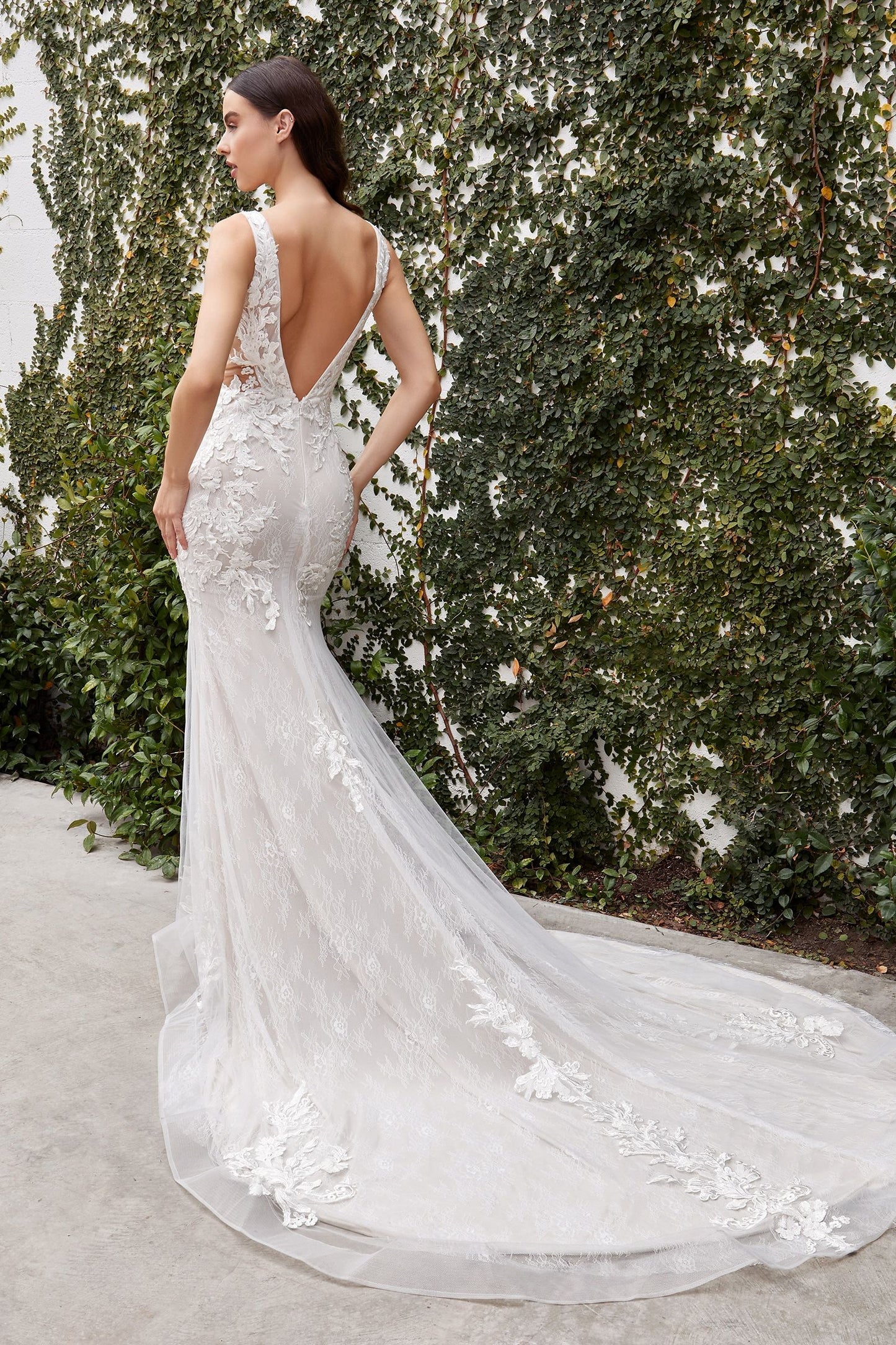 Vestido de Novia de Encaje Avery con Escote Profundo en V y Cauda, Color Off White