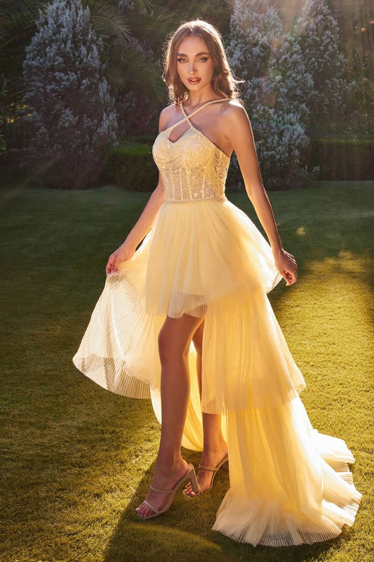 Vestido Corte Halter en Capas Color Ligth Yellow