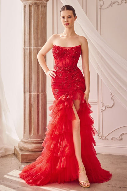 Vestido Corte Sirena con Encaje y Tul Sin Tirantes Color Red.
