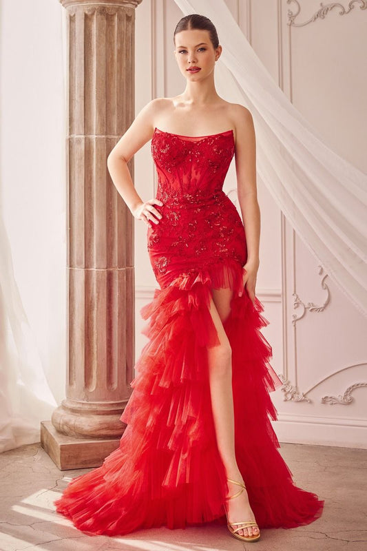 Vestido Corte Sirena con Encaje y Tul Sin Tirantes Color Red.