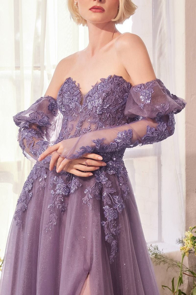 Vestido Línea A sin Tirantes y Mangas Desmontables Color English Violet.