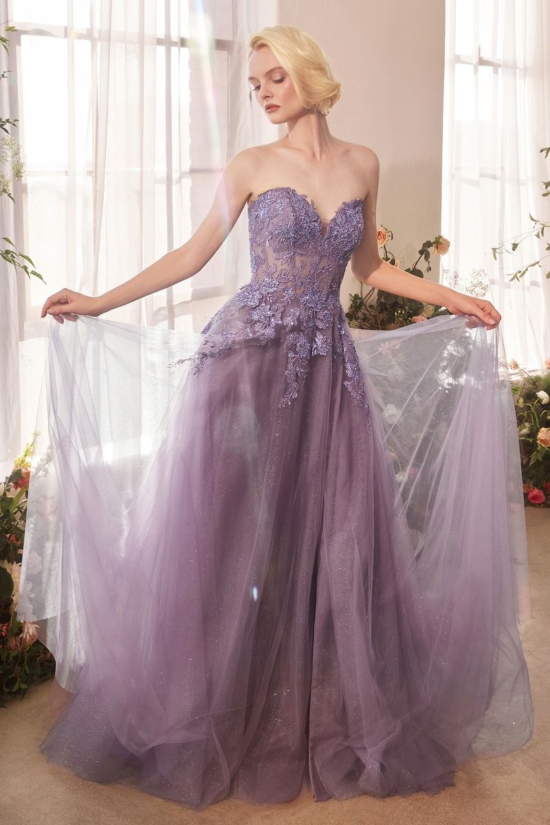 Vestido Línea A sin Tirantes y Mangas Desmontables Color English Violet.