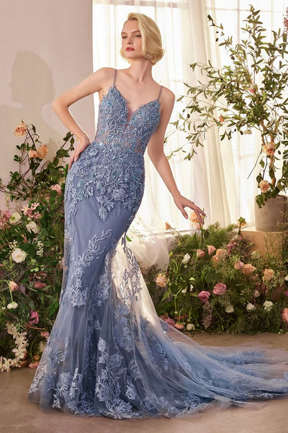 Vestido Entallado Corte Sirena de Encaje Floral con Escote Pronunciado y Corpiño Transparente, Colore Dusty Blue y Sage