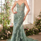 Vestido Entallado Corte Sirena de Encaje Floral con Escote Pronunciado y Corpiño Transparente, Colore Dusty Blue y Sage