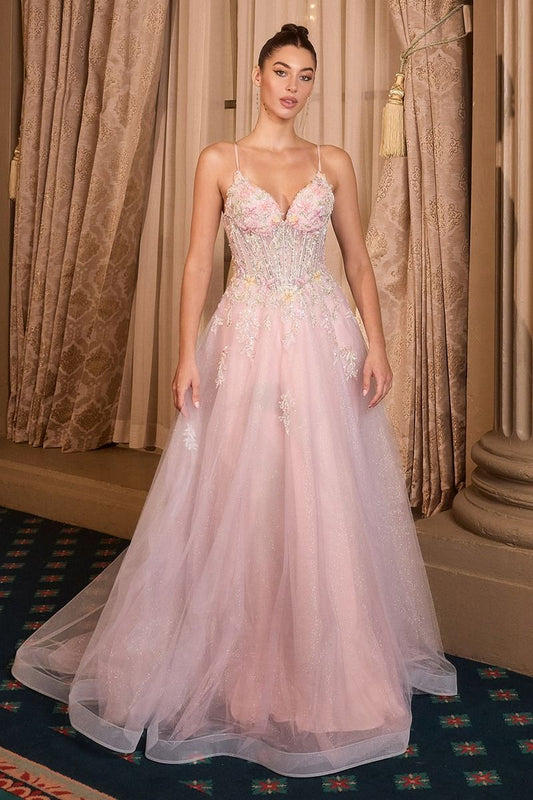 Vestido Corte en A ecote en V profundo, corpiño transparente con apliques estampados florales.